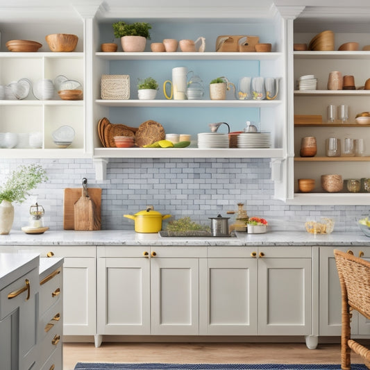 A bright, modern kitchen with sleek white cabinets, adorned with ornate knobs, featuring a mix of open shelving and closed storage, with colorful cookbooks, decorative vases, and organized kitchen utensils.