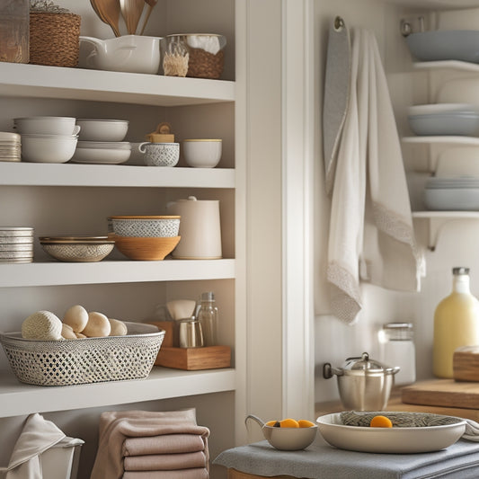 A tidy kitchen cabinet interior with soft, warm lighting, featuring stacked ceramic plates, organized spices in a carousel, and a few neatly folded kitchen towels on a shelf.