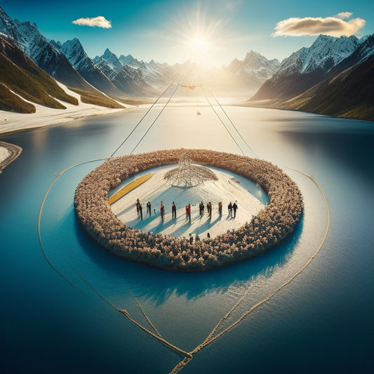 A serene illustration of interconnected people forming a web, surrounded by anchors of varying sizes, set against a warm, sunny backdrop of Anchorage's mountainous landscape.