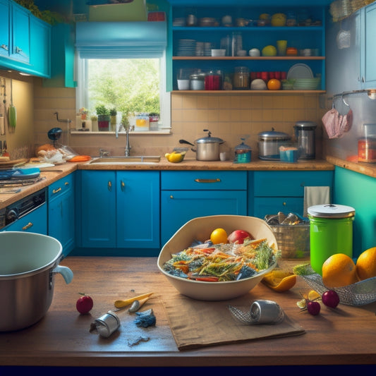 An illustration of a cluttered kitchen with overflowing cabinets, utensils scattered on countertops, and a trash can overflowing with food wrappers, contrasted with a faint, ghostly outline of a tidy, organized kitchen in the background.