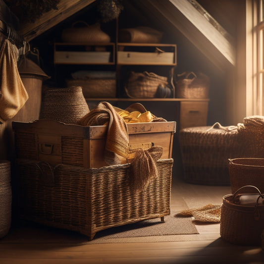 A serene, organized attic space with labeled storage bins, woven baskets, and vintage trunks in autumnal hues, surrounded by warm, golden lighting and a few scattered fallen leaves.