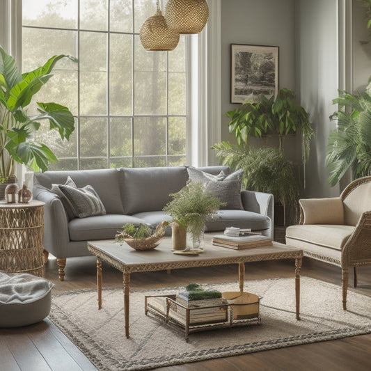 A beautifully styled living room with a reeded coffee table as the centerpiece, surrounded by lush greenery, with a few DIY tools and reeding materials scattered around, in a warm, natural light setting.