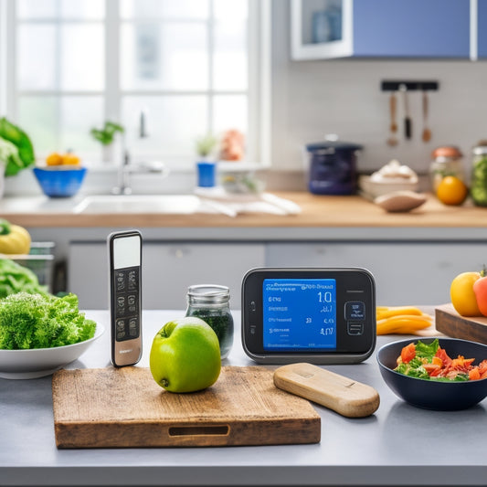 A modern kitchen counter with a meal prep container, a digital kitchen scale, a set of measuring spoons, a silicone spatula, and a smartphone displaying a recipe app, surrounded by chopped vegetables and whole ingredients.