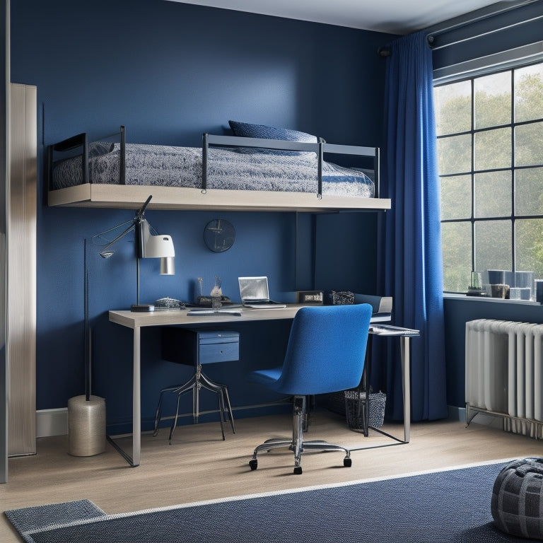A serene, modern teenage boy's bedroom with a dark blue accent wall, minimalist wooden desk, and a plush gray area rug, surrounded by sleek, industrial-chic metal shelves and a floor-to-ceiling curtain.