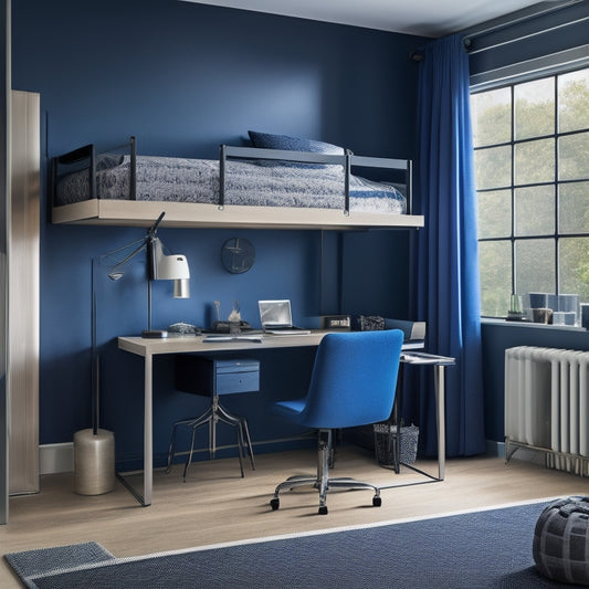 A serene, modern teenage boy's bedroom with a dark blue accent wall, minimalist wooden desk, and a plush gray area rug, surrounded by sleek, industrial-chic metal shelves and a floor-to-ceiling curtain.