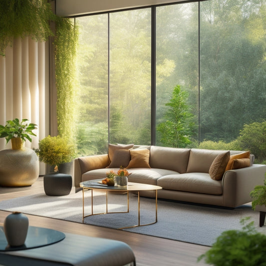 A serene, modern living room with a plush sectional sofa, floor-to-ceiling windows, and a minimalist coffee table, surrounded by lush greenery and warm, golden lighting.