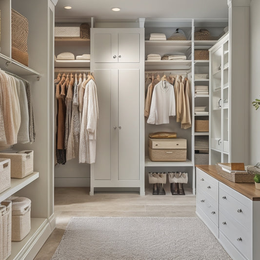 A serene, well-lit walk-in closet with creamy white walls, dark wood shelves, and a plush, cream-colored carpet. Double rods with velvet hangers, baskets, and shelves organized by type and color.