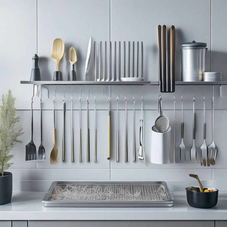 A modern kitchen countertop with a sleek, wall-mounted utensil organizer featuring staggered rows of chrome hooks, a built-in knife block, and a small tray for corralling small items.