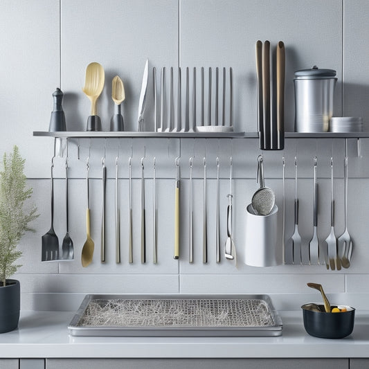 A modern kitchen countertop with a sleek, wall-mounted utensil organizer featuring staggered rows of chrome hooks, a built-in knife block, and a small tray for corralling small items.