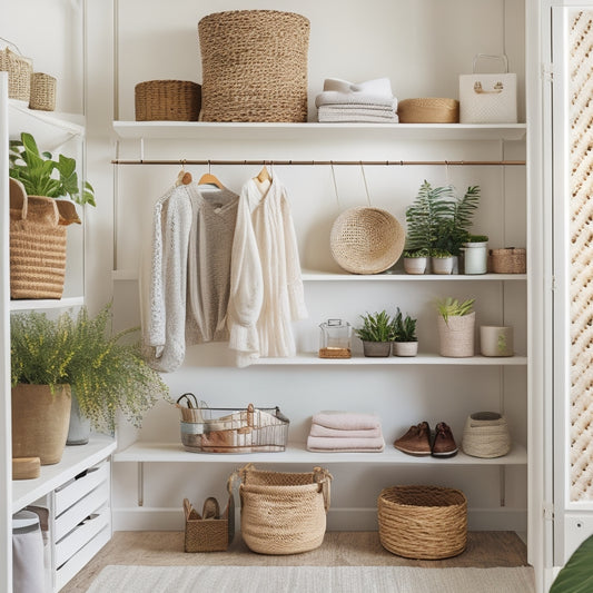 A tidy, whitewashed closet with a mix of open shelves, hanging rods, and woven baskets, featuring a DIY pegboard with hooks and bins, surrounded by plants and warm natural light.