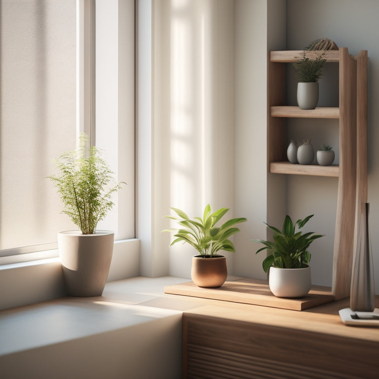 A serene, minimalist room with natural light, featuring a few, carefully chosen items on a sleek, wooden shelf, surrounded by empty space, and a single, potted plant in the corner.