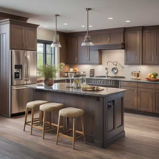 A modern kitchen with a large, rectangular island in the center, featuring a built-in coffee maker, wooden cabinetry, and a granite countertop with a built-in sink and faucet.