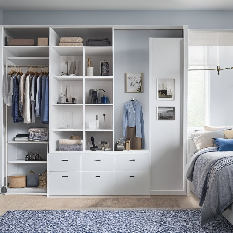 A bright, modern bedroom with a partially installed wardrobe system, featuring sleek, white shelves and drawers, surrounded by scattered tools and hardware pieces, with a few garments hanging from a rod.