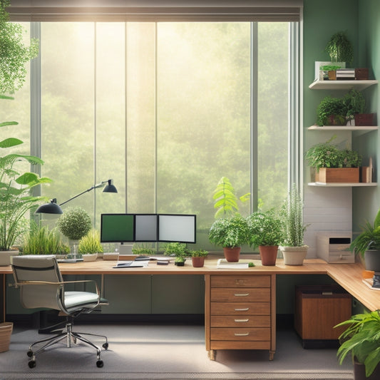 A serene, modern office with a tidy desk, labeled file cabinets, and a pegboard with neatly hung supplies, surrounded by lush green plants and soft, natural light filtering through a window.