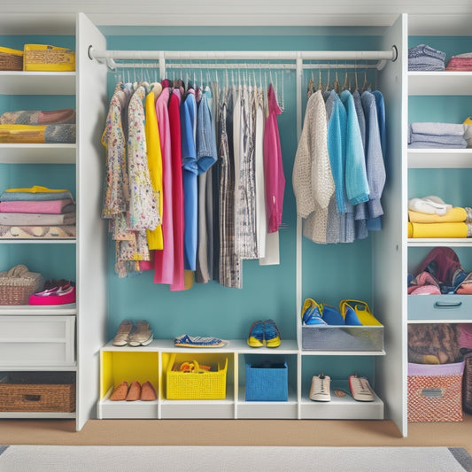 A serene, well-organized kid's closet with colorful storage bins, a labeled shoe rack, and a few neatly hung outfits on a kid-sized clothes rack amidst a calm, creamy background.