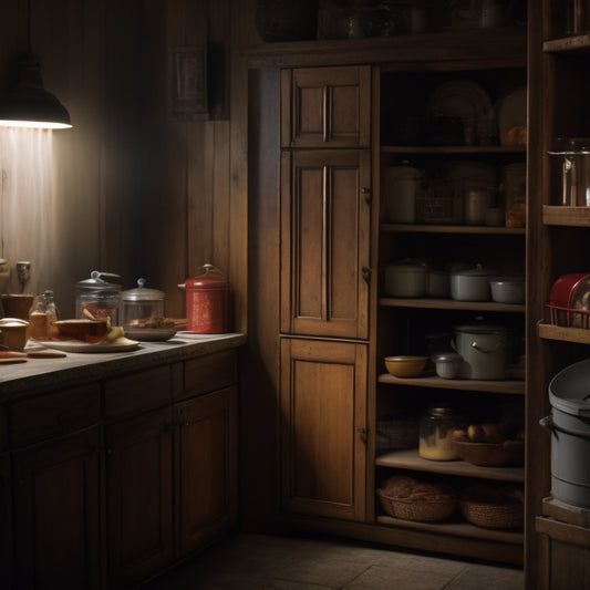 A dimly lit kitchen cabinet with worn wooden doors slightly ajar, revealing a cluttered interior with expired food, dusty containers, and a few mysterious shadows lurking in the back.