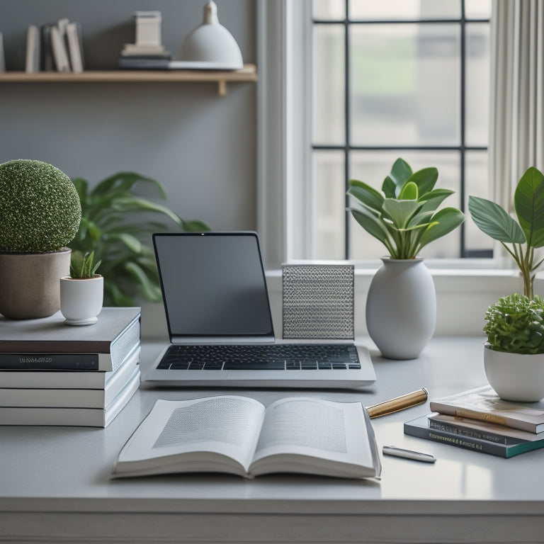 A clutter-free desk with a sleek, silver laptop, surrounded by a few, carefully selected, inspirational books and a small, thriving, green potted plant, set against a calming, light-gray background.