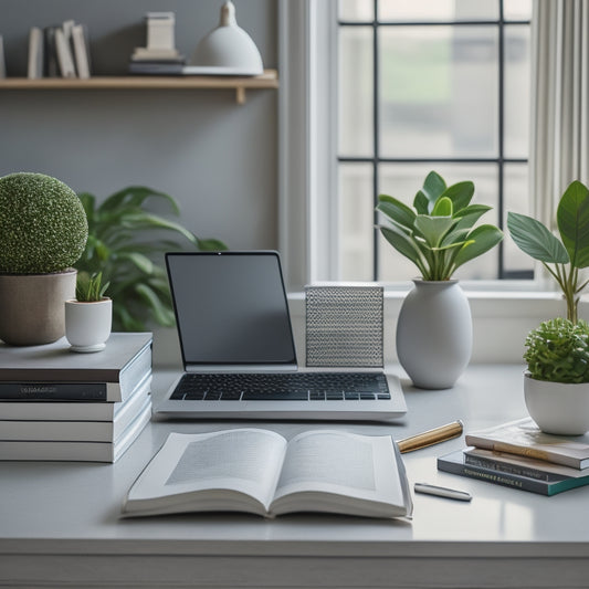 A clutter-free desk with a sleek, silver laptop, surrounded by a few, carefully selected, inspirational books and a small, thriving, green potted plant, set against a calming, light-gray background.