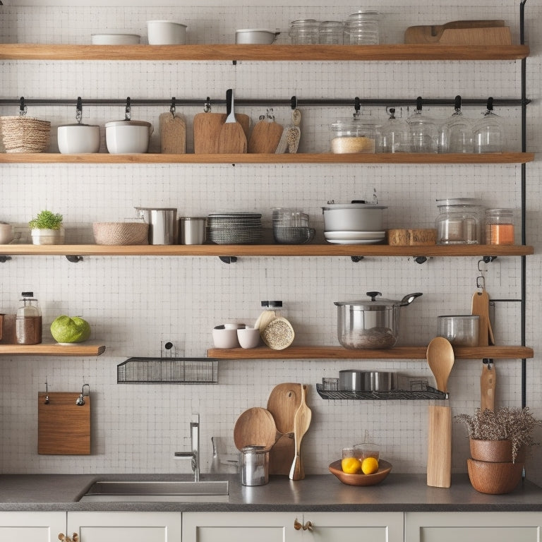 A modern, sleek kitchen with cabinets featuring pull-out spice racks, tiered shelves, and a built-in knife block, alongside a wall-mounted pot lid organizer and a pegboard with hanging utensils.
