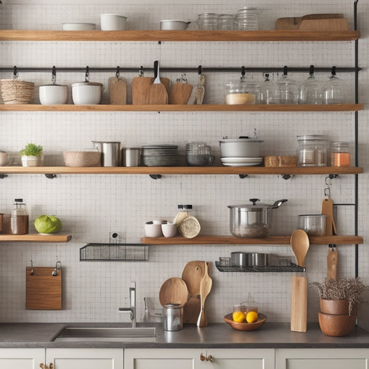 A modern, sleek kitchen with cabinets featuring pull-out spice racks, tiered shelves, and a built-in knife block, alongside a wall-mounted pot lid organizer and a pegboard with hanging utensils.