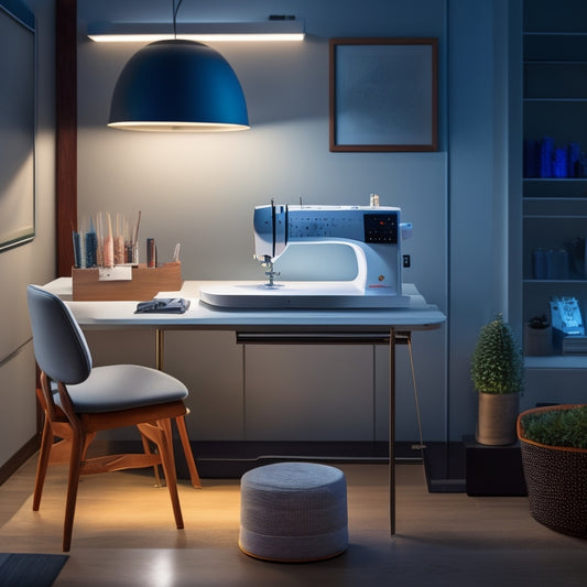 A modern, sleek, and futuristic desk with a BERNINA 880 Plus sewing machine at its center, surrounded by threads, fabrics, and accessories, with a subtle glow of LED lights in the background.