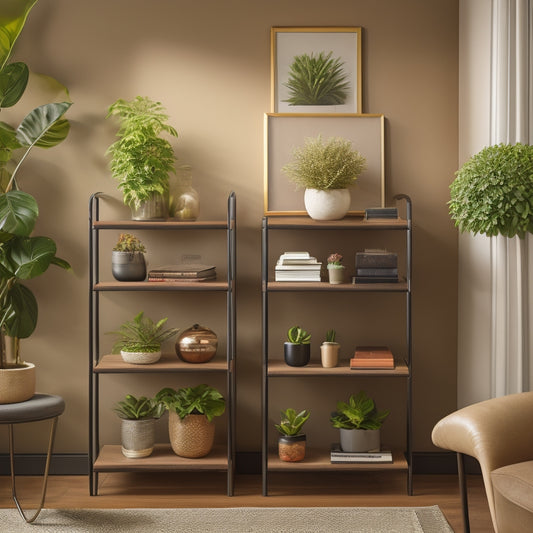 A beautifully styled room with a rich brown stackable cube shelf organizer against a cream-colored wall, adorned with elegant decorative vases, leather-bound books, and a few potted plants.