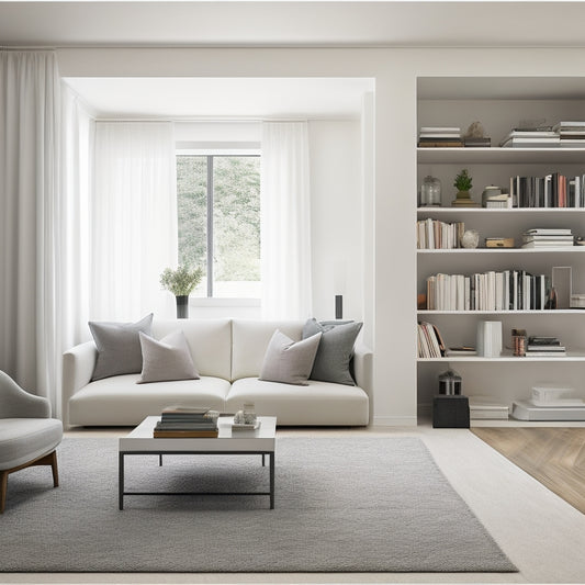 A minimalist, modern living room with a sleek, white sofa, a few, carefully-placed decorative objects, and a floor-to-ceiling bookshelf with neatly organized books and storage bins.