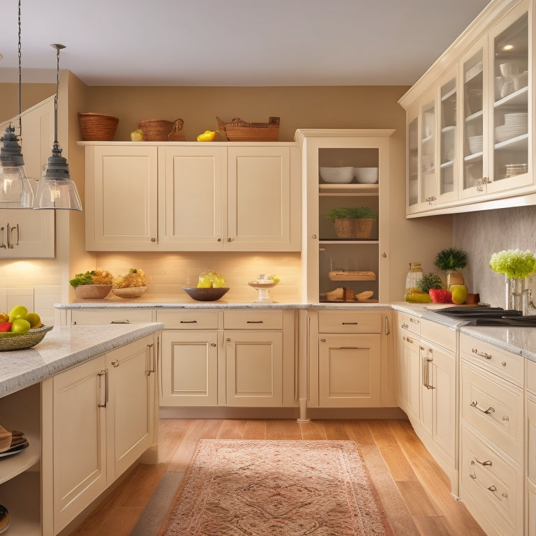 A serene, well-lit kitchen with warm beige cabinets featuring pull-out shelves, ergonomic handles, and a walk-in pantry with easy-to-reach storage, showcasing a senior-friendly design.