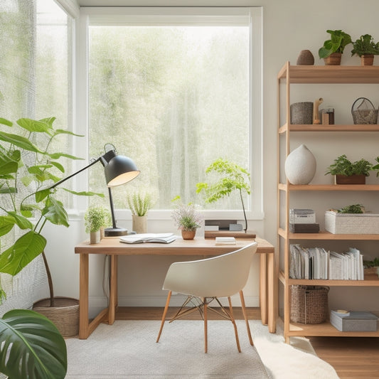 A clutter-free, minimalist home office nook with a wooden desk, ergonomic chair, and a few well-organized shelves, surrounded by a calming greenery backdrop and soft, natural light filtering through a nearby window.