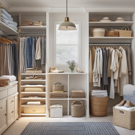 A serene, well-lit closet with a mix of open shelving and closed storage, featuring a few stylish outfits on hangers, baskets filled with folded clothes, and a few cleverly repurposed items like a ladder or crate.