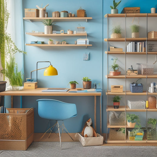 A clutter-free room with a neatly organized desk, shelves, and storage bins, featuring a prominent pegboard with hooks, baskets, and a few colorful pens, surrounded by calming plants and natural light.