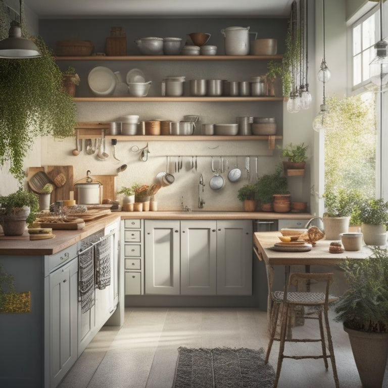 A serene kitchen with 10 open drawers, each containing neatly organized utensils, cookware, and ingredients, with soft, warm lighting and a few potted plants on the countertops.