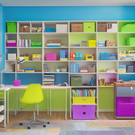 A colorful, clutter-free room with a desk featuring a organized task list on a corkboard, a tidy shelf with labeled storage bins, and a floor-to-ceiling bookcase with rainbow-colored file folders.
