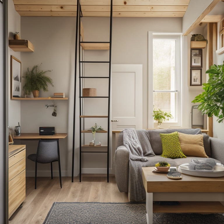 A cozy, minimalist living room in a tiny home with a murphy bed, a compact desk, and a ladder leading to a loft storage area, surrounded by neutral-colored walls and warm lighting.