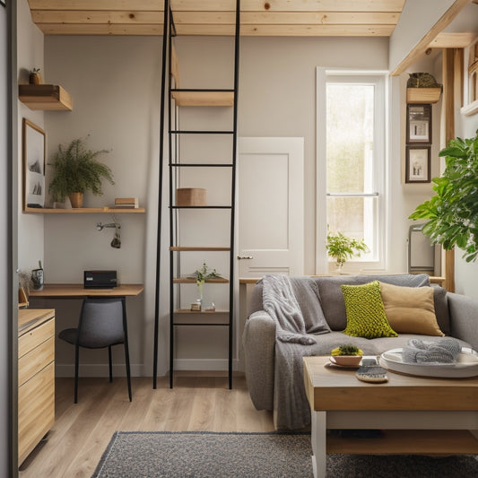 A cozy, minimalist living room in a tiny home with a murphy bed, a compact desk, and a ladder leading to a loft storage area, surrounded by neutral-colored walls and warm lighting.