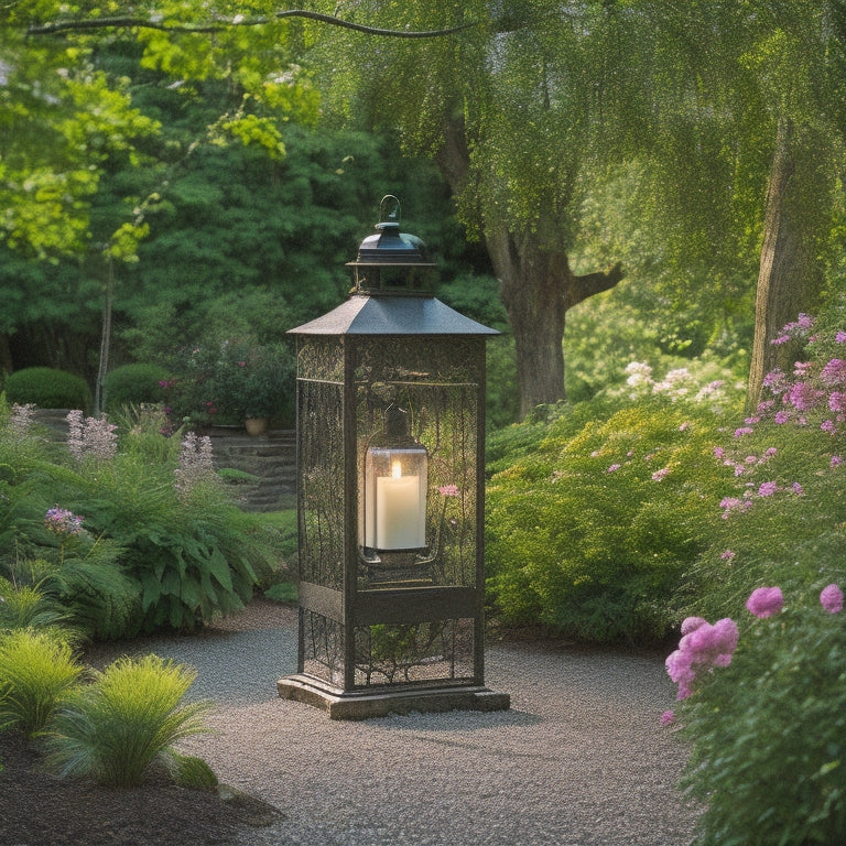 An inviting garden scene with a reclaimed wood trellis, vibrant flower arrangements, and a repurposed metal lantern hanging from a branch, surrounded by lush greenery and a meandering stone path.