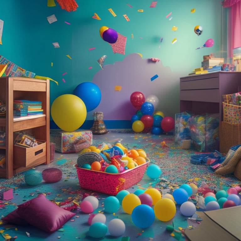 A bright, colorful illustration of a cluttered room transforming into an organized space, with toys, books, and household items flying into labeled bins and baskets, amidst confetti and balloons.