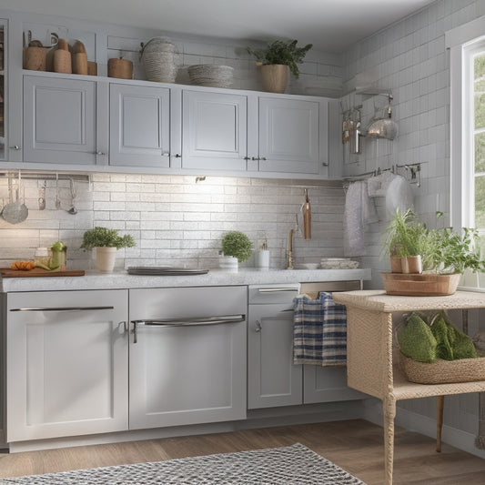 A clutter-free kitchen corner with a pull-out carousel, woven baskets, and a wall-mounted pegboard, surrounded by sleek countertops and modern appliances, with soft, warm lighting.