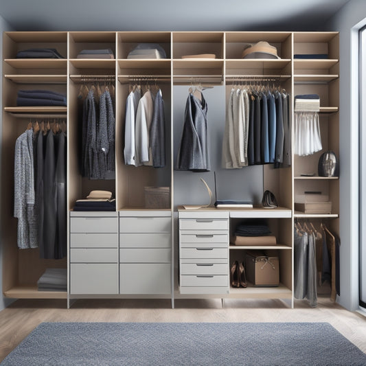 A modern, sleek closet with adjustable shelves, rods, and drawers, surrounded by laptops and tablets displaying various closet design software interfaces, with a subtle grid background.