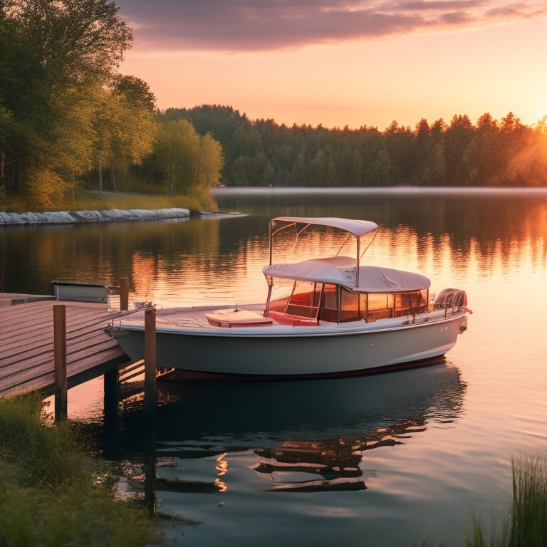 A serene lakeside scene at sunset: a luxurious boat dock with sleek, modern storage units blending into the lush greenery, surrounded by calm waters reflecting vibrant hues of orange and pink.