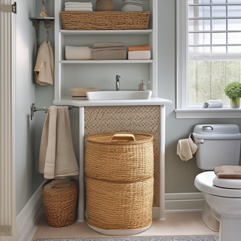 A pedestal sink surrounded by creative storage solutions: woven baskets under the sink, a tiered shelf attached to the wall, and a pedestal skirt with built-in drawers and shelves.