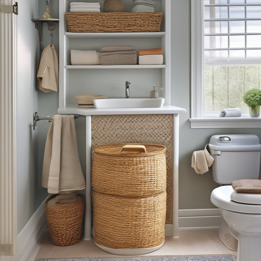 A pedestal sink surrounded by creative storage solutions: woven baskets under the sink, a tiered shelf attached to the wall, and a pedestal skirt with built-in drawers and shelves.