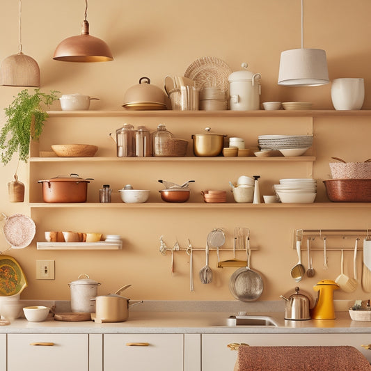 A bright, modern kitchen with warm beige walls, featuring a variety of DIY shelves in different shapes and sizes, showcasing cookbooks, utensils, and decorative items, with a few pots and pans hung from the ceiling.