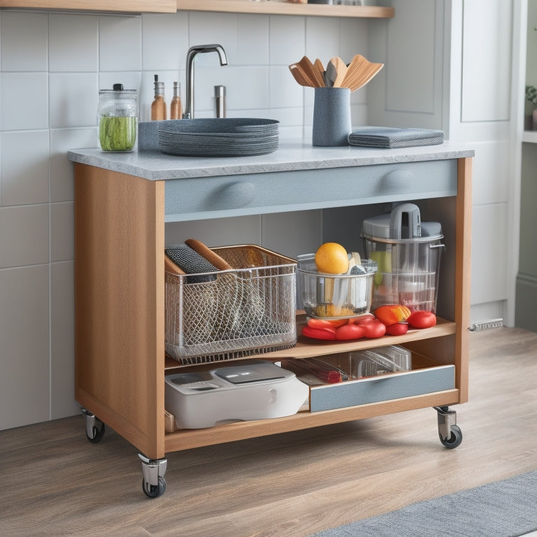 A modern kitchen cart with a built-in utensil organizer, featuring a wooden knife block with five slots, and a adjacent tray for storing kitchen gadgets, set against a light-gray quartz countertop.