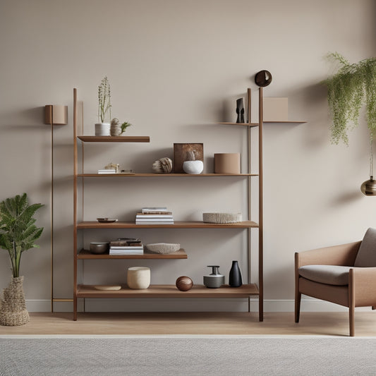 A minimalist living room with a sleek, wall-mounted Tylko shelving system in a warm wood tone, holding a few curated decorative objects, surrounded by a calm, monochromatic color scheme.