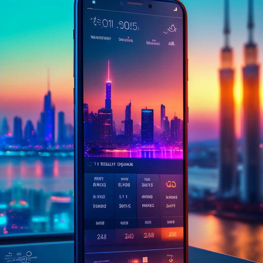 A futuristic, minimalist smartphone screen displaying a sleek, customisable dashboard with various widgets and trackers, surrounded by subtle, glowing circuitry patterns and a blurred cityscape in the background.