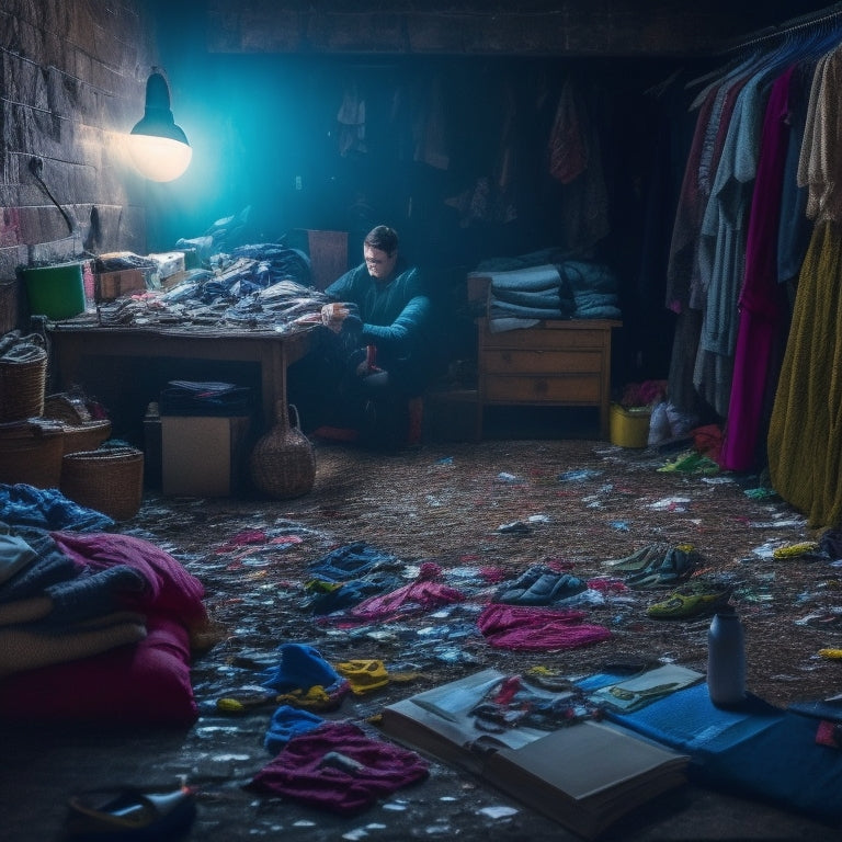 A cluttered, dimly lit room with piles of clothes, books, and trash overflowing from shelves and floors, with a single, overwhelmed figure in the center, surrounded by chaos.