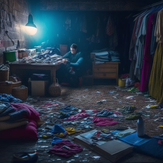 A cluttered, dimly lit room with piles of clothes, books, and trash overflowing from shelves and floors, with a single, overwhelmed figure in the center, surrounded by chaos.