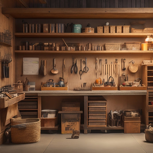 A tidy, well-lit workshop or garage with a pegboard on the wall, holding various tools and baskets, alongside a few wooden crates and baskets on shelves, with a subtle background of soft, natural wood tones.