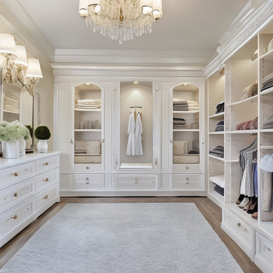 A serene, walk-in closet with cream-colored walls, rich wood accents, and a crystal chandelier, featuring a double-tiered shoe rack, velvet-lined drawers, and a floor-to-ceiling garment organizer with velvet hangers.